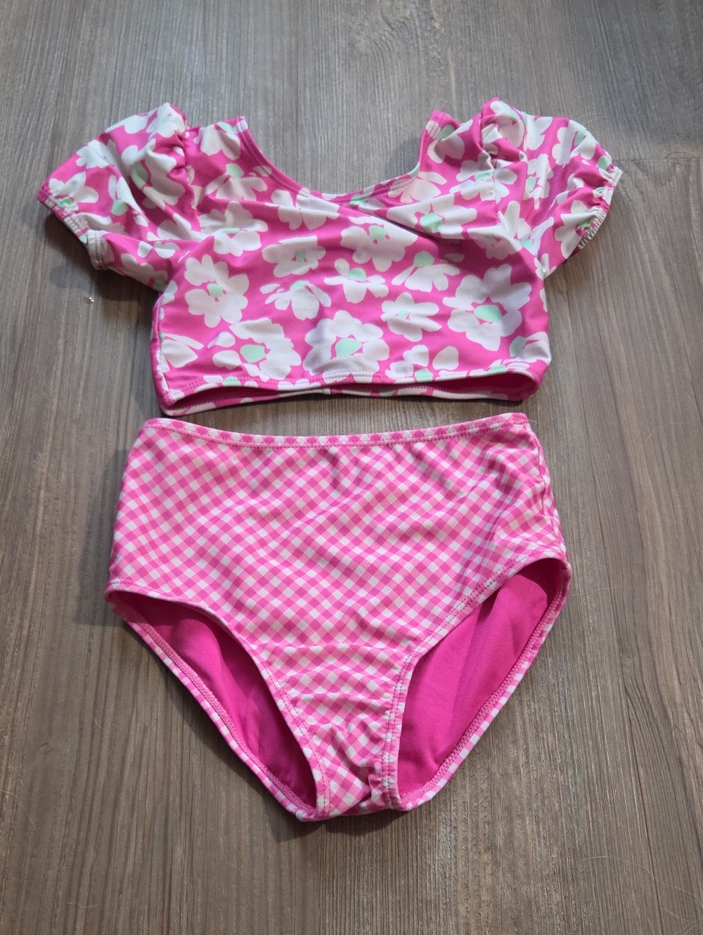Girls Pink Floral & Gingham Two-Piece Swim Set